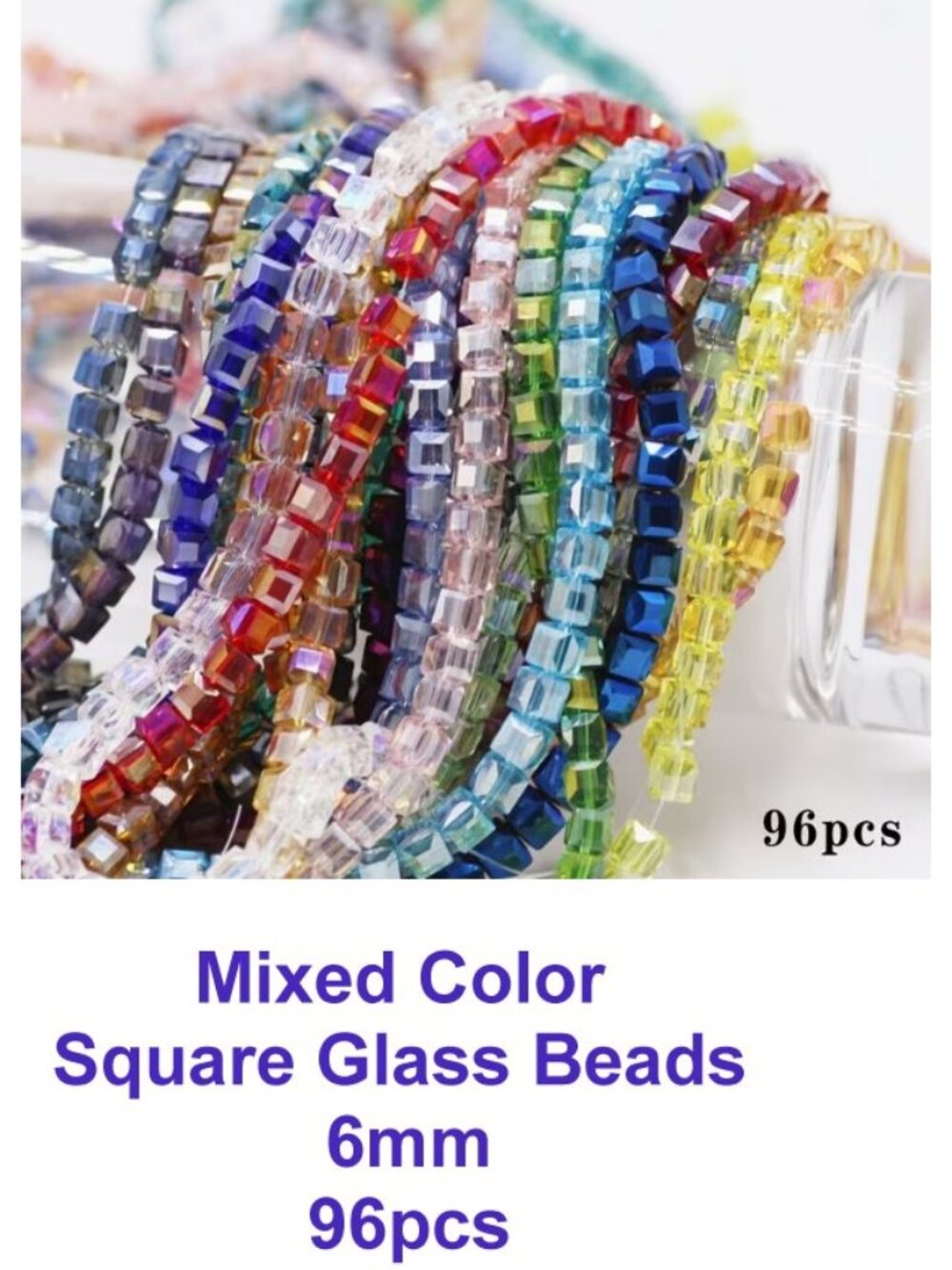 Mixed Color Square Glass Beads 6mm 96pcs